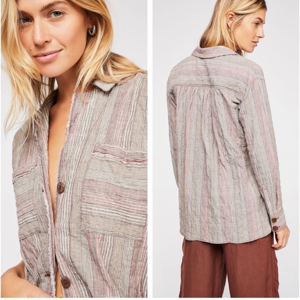 Free People High Tide Multi Stripe Button Crinkled Front Long Sleeve Shirt